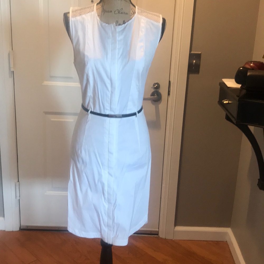 Zip front mesh and cotton belted shirt dress.